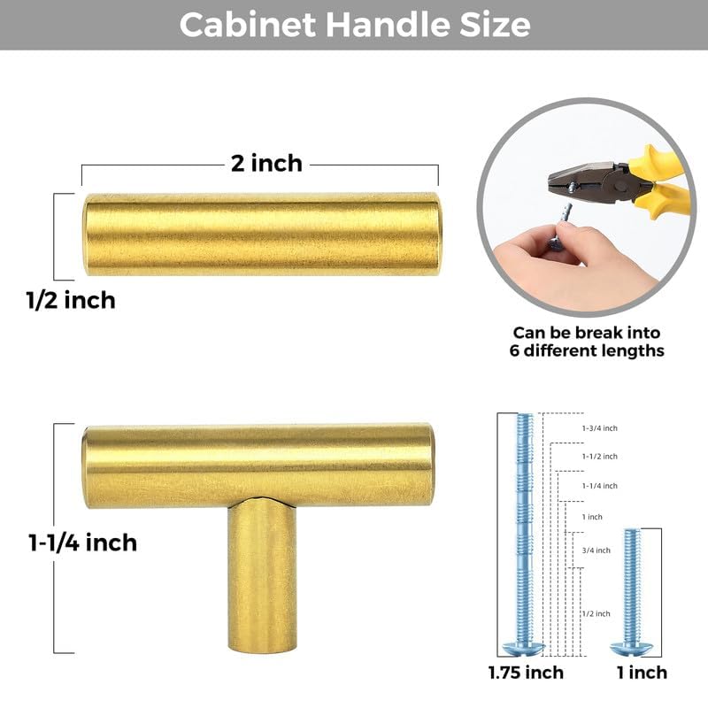 3 Pack Brushed Brass Cabinet Knobs, 2in Length T Bar Drawer Pulls | Single Hole Grip, Stainless Steel Build, Kitchen Cabinet Restyle, For Drawers, Dressers, Cupboards, Closet Doors - color: Brushed Brass, size: 3 Pack, style: T Bar