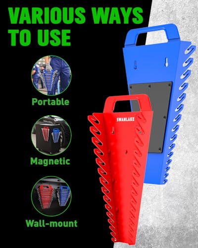 SWANLAKE Magnetic Wrench Organizer Toolbox Holder, 4-Pack SAE (1/4'' to 1-1/16''), Metric (6mm to 27mm) Wrench Organizers, Total Hold 60 Slots Ratchet Holders for Tool Box - style: 60-Slot Red&Blue