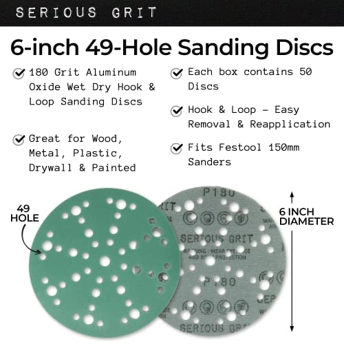 Serious Grit - 6-Inch 49-Hole P180 Grit Sanding Discs - 50 Pack Box - size: 180 Grit