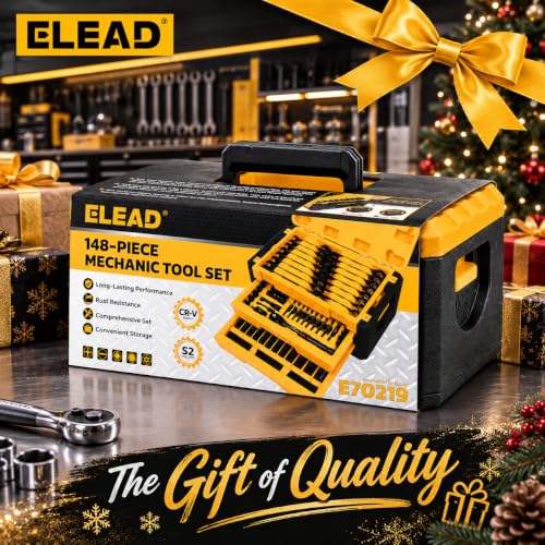 ELEAD 148-Piece Mechanics Tool Set, SAE/Metric 1/4" & 3/8" Drive Socket Set, Magnetic Nut Drivers, Ratcheting Wrenches, Extensions & Adapters, Quick-Release Ratchet, Mechanics Tool for Car Repair - color: 148pcs Mechanics Tool Set Yellow