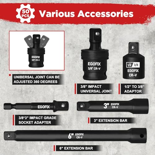 3/8" Drive Impact Socket Set, 50 Piece Standard SAE (5/16 to 3/4 inch) and Metric (8-22mm) 6 Point, with Adjustable Ratchet Handle, Extension Bars, Impact Universal Joint, Adapter, Cr-V Steel - color: 3/8-50pcs