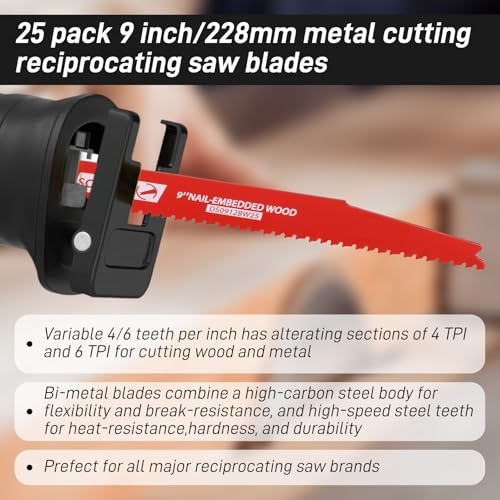 25 Pack 9 Inch 4/6 Tpi Reciprocating Saw Blades Bi-Metal Steel Demon with Perma-Shield Coating Stud and Reciprocating Saw Blades for Cutting Embedded Wood Metals PVC Pallets etc. - size: 9in 25Pack, style: 4/6 Tpi