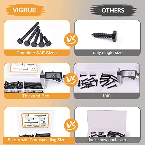 1/4" Hex Lag Bolts Stainless Steel 18-8 (304), VIGRUE 108PCS Black Oxidized, Hex Lag Screws Heavy Duty Wood Screws Washers Assortment Kit, Length Include 1" 1-1/2" 2" 2-1/2" 3"