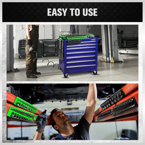 Magnetic Socket Organizer Holder Tool: 8PCS Set includes 2PCS 1/4", 4PCS 3/8", 2PCS 1/2" Drive Socket Storage Trays Toolboxs, Holding 199 Slots Soft Rubber Covering Black Green (sockets not included) - style: 8PCS Green/Black