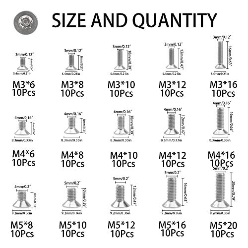 150Pcs 304 Stainless Steel Flat Head Torx Security Machine Screws Tamper Resistant Screw Assortment Set, M3 M4 M5 with 3 Wrench(T10 T20 T25)