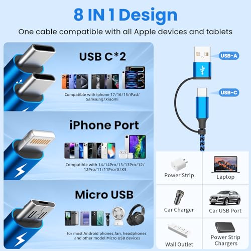 4 in 2 Multi Charging Cable, USBA/C Universal Charging Cords 2 Pack 5FT - color: Dark Blue