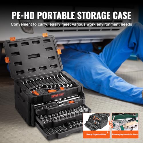 VEVOR Mechanics Tool Set and Socket Set, 1/4" 3/8" 1/2" Drive, 450 PCS - size: 450-PCS