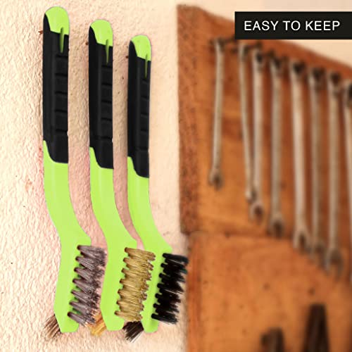 Lavaxon Wire Brush Set 3Pcs - Nylon/Brass/Stainless Steel Bristles with Curved Handle Grip for Rust, Dirt & Paint Scrubbing with Deep Cleaning – 7 Inches (Green) - color: Green