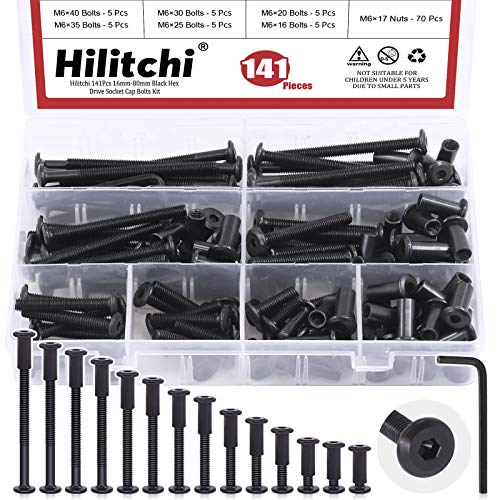 Hilitchi M6 Hex Drive Socket Cap Bolts Kit Countersunk Head Screws Bolts Dowel Barrel Nuts Crib Bolts Nuts Assortment Kit for Furniture Hardware Fitting (16-80mm Assortment Kit-140PCS)