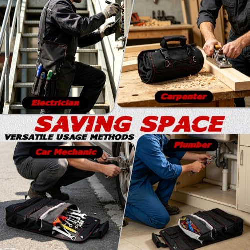 13-Pocket Roll Up Tool Bag with Clear and Mesh Pouches, Black
