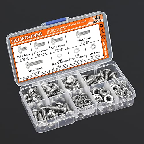 HELIFOUNER 140 Pieces M6 x 8mm /10mm /12mm /16mm /20mm, Phillips Pan Head Machine Screws, Metric Screws Bolts Washers Nuts Kit, 304 Stainless Steel - size: M6