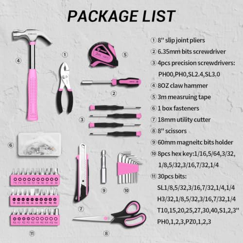 DEKOPRO 50 Piece General Household Hand Tool Kit with Plastic Toolbox Storage Case, All Purpose Home Tool Kit Includes Essential Tools for Office College Repairs - Pink - color: Pink-50pcs