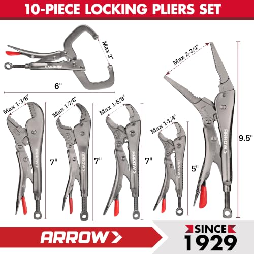 ARROW 10-piece Locking Pliers Set, Chromium-Molybdenum Vice Grips - style: 10-piece