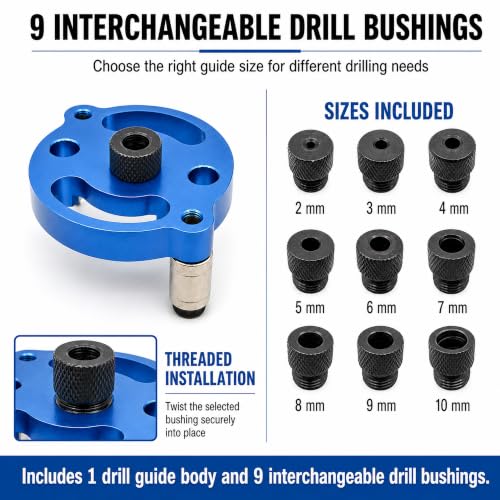 Self Centering Dowel Jig, Self Centering Doweling Jig Kit with 2/3/4/5/6/7/8/9/10mm Drill Bushings, Self Centering Drill Guide for Straight Holes, Dowel Drill Guide, Center Locator for Woodworking