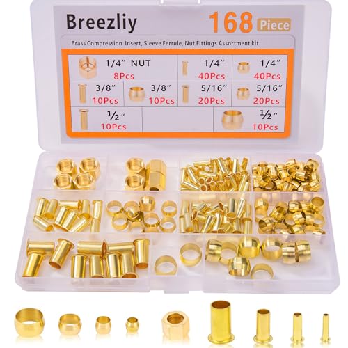 168PCS Tube OD（1/4" 5/16" 3/8" 1/2" Brass Compression Sleeves Ferrules & Insert,4 Sizes Brass Compression Fitting Assortment Kit for Connecting air, Fuel, Water, Oil - size: 168 pcs, 1/4", 5/16", 3/8", 1/2"