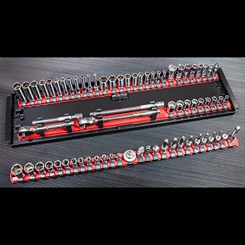 Ernst Mfg 18-Inch Organizer 3 Rail Socket Boss (8451) - Toolbox Organization Tray - SAE & Metric Storage with labels, 57 Twist-Lock Clips for 1/4-inch, 3/8-inch, & 1/2-inch Drive Sets, Blue (Patented) - color: Blue, style: 18-Inch