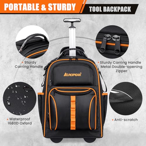 AUROPEAK Rolling Tool Backpack, 63 Pocket Heavy Duty Tool Bag with Wheels - size: 1.38" Wheel