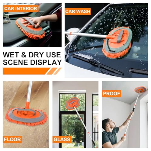 Ordenado 62" Car Wash Brush Kit Mitt Mop Sponge with Long Handle Chenille Microfiber Car Cleaning Brush Kit Supplies Car Washing Mop Kit Car Care Kit of Scratch-Free Replacement Head for Car RV Truck - color: D-orange