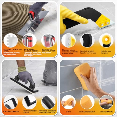 23 Pcs Tile Trowel Kit with Grout Float, Removal Tool, Silicone Caulking Tool, Grout Saw with 3 Blades, Sponges and Tile Trowels Set for Floor Wall Installation