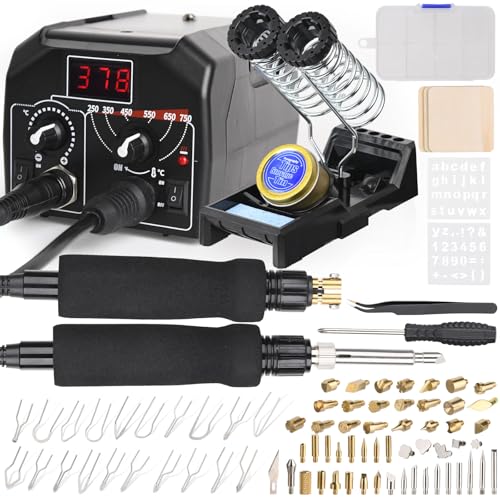 2-in-1 Wood Burning Kit, 88-in-1 Pyrography Wood Burner with 51 Solid Tips, 20 Wire Nibs, Letter & Number Stencils, Unfinished Wood Pieces, Pen Holder, Ideal for Pyrography, DIY Crafts & Gifts