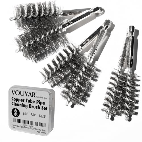 6pcs Copper Tube Pipe Cleaner for Fittings, 1/2” 3/4” 1” Pipe Cleaning Brush Set, Stainless Steel Wire Bore Brushes for Power Drill, 1/4 Inch Hex Shank - style: 6pcs for Fittings
