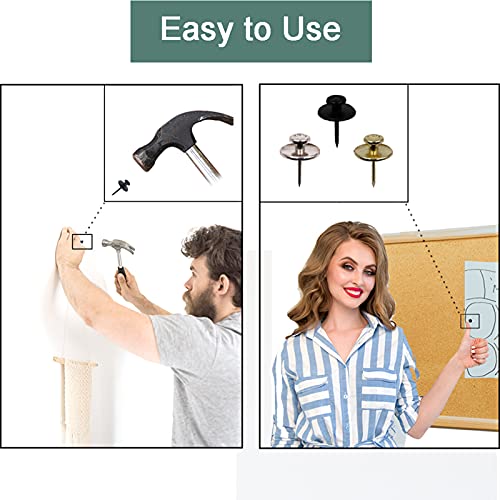 50 PCS Push Pins Picture Hanger Hooks, Double Headed Nails Push Pin Thumbtacks for Wall Hangings Picture, Decorative Small Hook Pins for Drywall Cork Board Home Office Photo Decorations - style: Gold, Silver, Black