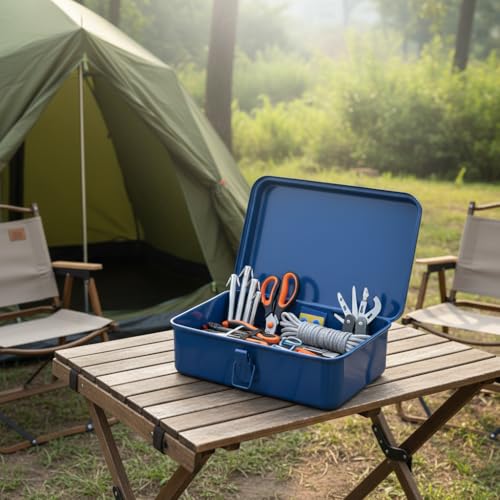 Housoutil Portable Tool Box Repair Tool Storage Container General Tool Box Hardware Case Craft Storage Toolbox for Tools Metal Tool Boxes Hand Carry Blue