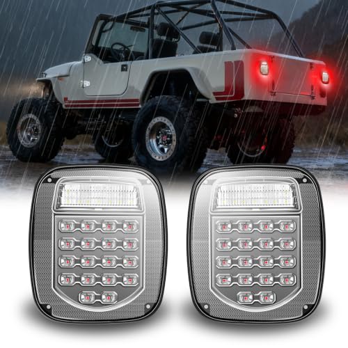 38 LED Black Lens Tail Lights for Jeep Wrangler YJ TJ CJ, Truck, Trailer, Boat, RV - Brake, Turn, Stop, License, Reverse, 12V Stud Mounted, Waterproof, Pack of 2