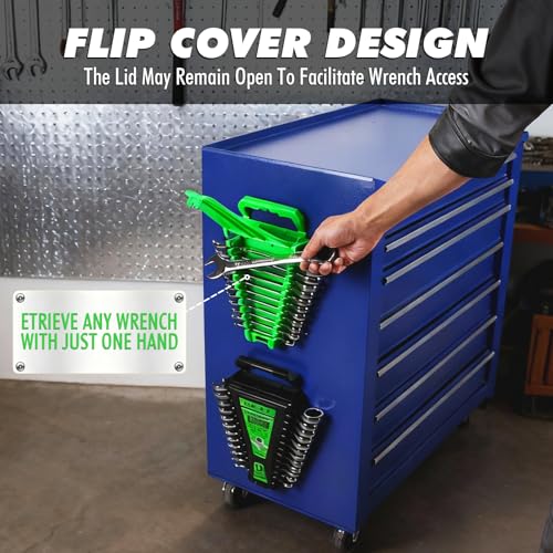 2-Piece Magnetic Wrench Organizer, Metric & SAE Portable Plastic Wrench Holder, 24-Slot Total, Foldable Carrying Handle for Wall-Mounted, Easy-Open Lock Cover, Wrenches Storage Rack Tool for Tool Box - style: 2PCS Green&Black