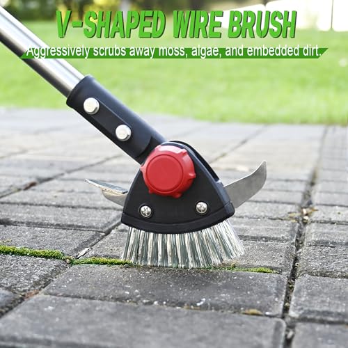 BARAYSTUS Crack Weeder Long Handle 3-in-1 Adjustable Crevice Cleaning Tool with Stainless Steel Weed Brush with 2 Scrapers Weed Puller Tool for Driveway, Patio Sidewalk to Remove Moss Weeds Dirt