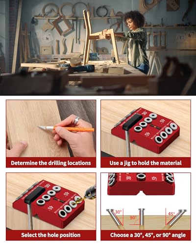 30 45 90 Degree Angle Drill Guide Jig for Hand Drill, Angle Drill Guide for Straight Holes and Angle Drilling, used for Stairs Handrails, Cable Railings, Decks, and Wood Posts Level design，with 4 Bits - color: Aluminum Red