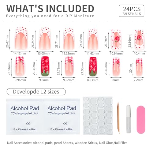 Strawberry Press On Nails Long Square 24pcs, Cute Fruit False Nails with Red Strawberry 3D Design, Pink Gingham French Tips Fake Nails, Glossy Stick On Acrylic Nails Reusable Nail Kit for Women Girls - color: 35-Nude Strawberry