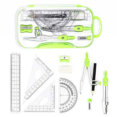 Unjoo Geometry Set 10 Pcs Student Supplies, Protractor and Compass (Green） - color: Green
