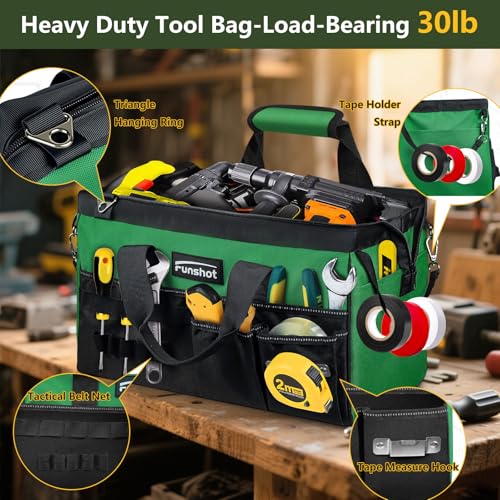 16 Inch Heavy Duty Tool Bag, Compact Tool Organizer with 17 Pockets, Wide Mouth Tool Tote with Adjustable Shoulder Strap, Portable Work Bag for Electricians, Mechanics, Contractors, DIY & Home Repair - size: 15.6"L x 8.3"W x 9.5"H