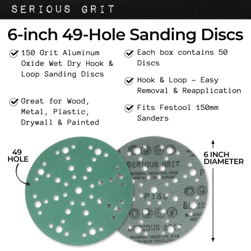 Serious Grit - 6-Inch 49-Hole P150 Grit Sanding Discs - 50 Pack Box - size: 150 Grit