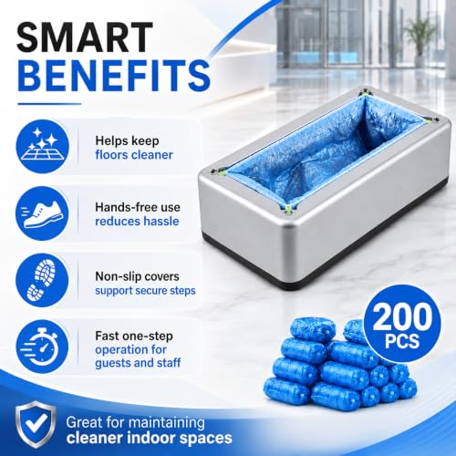 Shoe Covers Dispenser with 200 Pcs (100 Pairs), Disposable Non-Slip Covers, Automatic Shoe Cover Machine deal for House, Hands-Free Design, Fits Most Sizes, Office, Hospital Floor Protection (Silver)