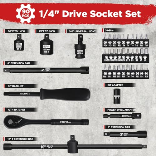 90PCS 1/4" Drive Impact Socket Set Metric 4-15mm and Standard SAE Size (5/32"-9/16"), with 72-Teeth Ratchet, Screwdriver Bit Set, Mechanics Tool Kit for Home Use and Automotive Repair - color: 1/4-90pcs