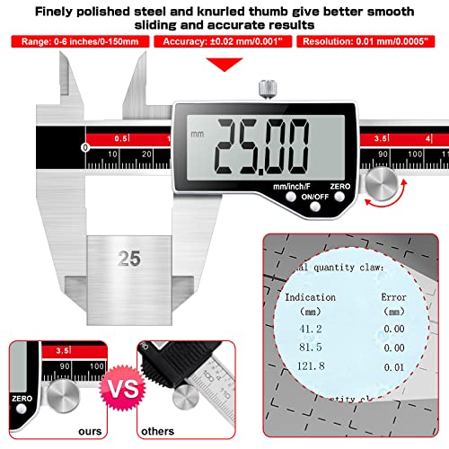 Qfun 6 Inch Digital Vernier Caliper Metal Metric Precision Measuring Tools | IP54 Waterproof ,Large LCD Screen & Auto-Off,Inch/Millimeter/Fraction Measurement Micrometer for Jewelry Engineer Carpenter