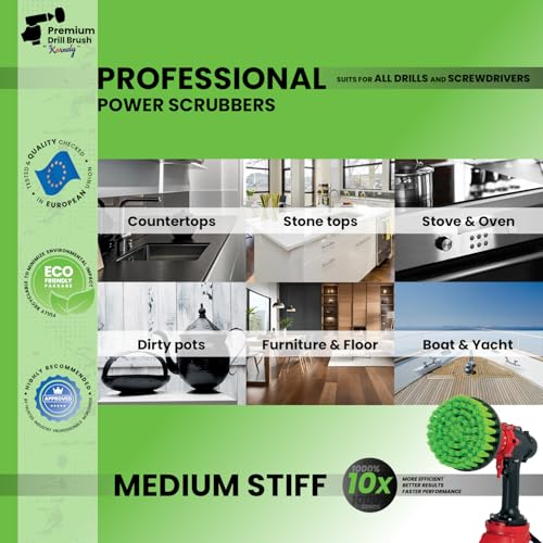 Premium Drill Brush Professional – Medium 5-Piece Kit (5/4/3.5/2 in Brushes + 6 in Extension) | Multi-Surface Kitchen and Household Cleaning for Ovens, Hobs, Floor Tiles and Greasy Cookware - color: Green