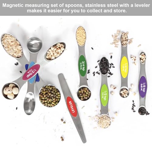 Magnetic Measuring Spoons Set Stainless Steel with Leveler, 8pcs Multicolors Measuring Cups Set for Baking, Measuring Cups and Spoon Set Kitchen Gadgets Apartment Essentials Fits in Spice Jars - color: Multicolor