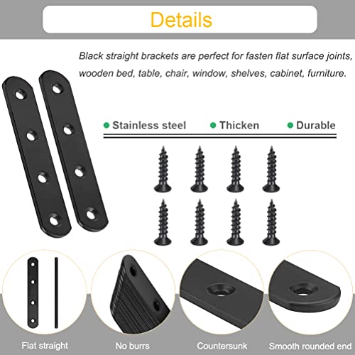 20Pcs Black Straight Brackets Heavy Duty Stainless Steel 4 Inch Straight Brace Flat Mending Plates, Repair Fixing Joining Brackets for Wood Furniture with Screws, CAM-S10020B-20