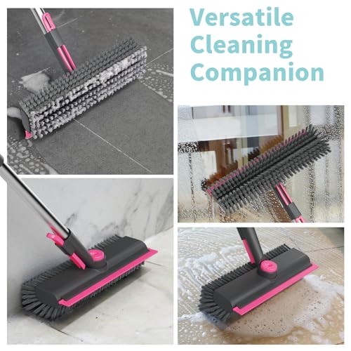 AIR U+ Floor Scrub Brush with Long Handle, 3-in-1 Rotating Head & Squeegee - color: Gray and Pink, size: 1 PACK