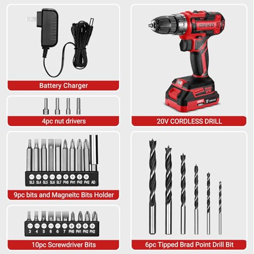 Power Drill Cordless: DEKO PRO Cordless Drill 20V Electric Power Drills Set Tool for Women with Battery and Charger 20 Volt Drills Driver Kit Red - color: Red
