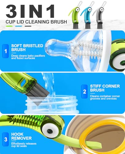 3 in 1 Cup Lid Cleaning Brush 3 PCS - Home Kitchen Multifunctional Cleaning Brush Set, Gap Cleaner Brushs and Portable Travel Bottle Lid Cleaner Tools (Multicolor)