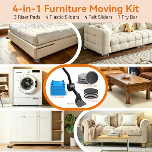 3.5 Inch Furniture Sliders with Lifter Tool, 12 PCS Multi-Surface Movers Kit for Carpet and Hardwood Floors, Heavy Duty Moving Pads, Appliance Slider Floor Protectors for Sofa Bed Table Cabinet
