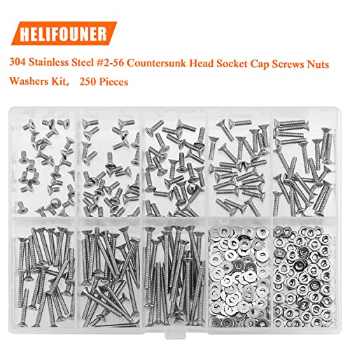 HELIFOUNER 250 Pieces #2-56 x 3/16" 1/4" 5/16" 3/8" 1/2" 5/8" 3/4" 1", Countersunk Head Socket Cap Screws Bolts Washers Nuts Kit, Coarse Thread, Fully Machine Threaded, 304 Stainless Steel - size: #2-56, style: Countersunk Head