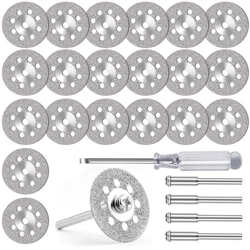 FOTYBEI 20pcs 545 Diamond Coated Cutting Wheel (25mm) for Dremel Rotary Tool with 402 Mandrel (3mm) 4pcs and Screwdriver for Rotary Tool Accessories Stone Glass Cutting (20pcs-25mm) - style: 20pcs-25mm