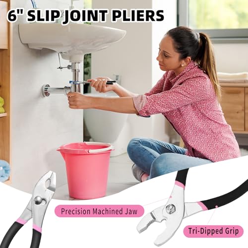 HANGYING 132-Piece Home Tool Kit for Women with Plastic Toolbox Pink - color: Light Pink