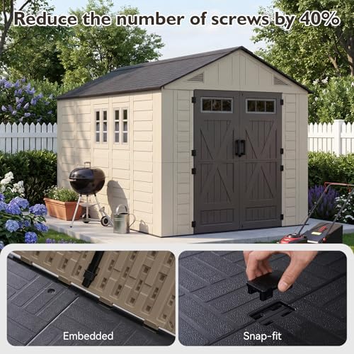 Aoxun 8x12 Ft Outdoor Storage Shed with Floor, Large Resin Outdoor Shed with Lockable Door & Windows, Garden HDPE Sheds for Lawn Tools, Pool Supplies & Bikes - size: 8x12