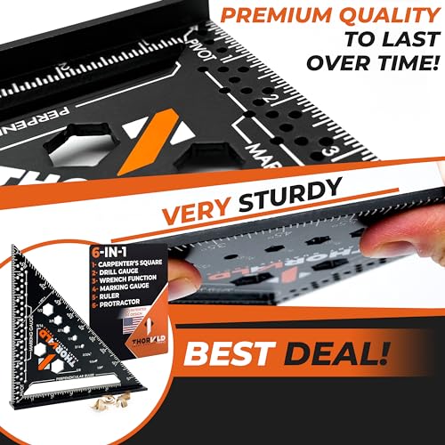 THORVALD 6-in-1 Carpenter Square 7 inch (1/16" Precision) - T Square Multi-Purpose Carpenter Tools : Wrench, Square, Protractor, Ruler, Marking Gauge, Drill Gauge - color: 1 Square